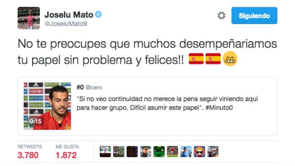 Joselu respondió a Pedro en Twitter.