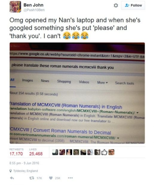 Ben compartió en Twitter los modales de su abuela a la hora de realizar búsquedas en Google.