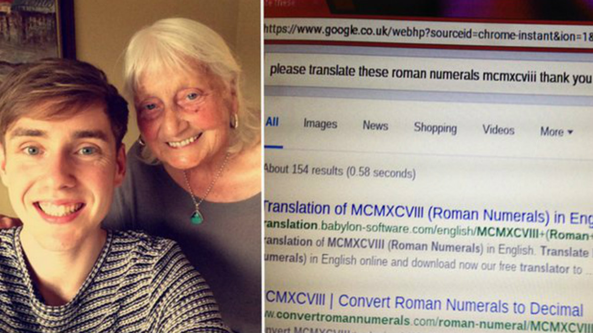 Una foto de Ben con su abuela y al lado el pantallazo de la educada búsqueda de la abuela en Google.