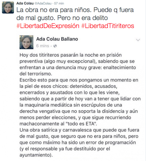 Tuit de Ada Colau en favor de los titiriteros tras su obra en Madrid