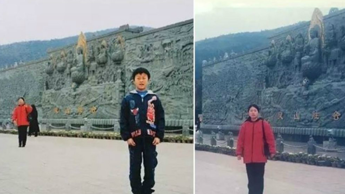A la izquierda la foto del joven Hedong con su futura suegra al fondo. A la derecha la foto que corrobora que la mujer del fondo es la madre de la que se convertiría, años después de tomarse la foto, en su mujer.