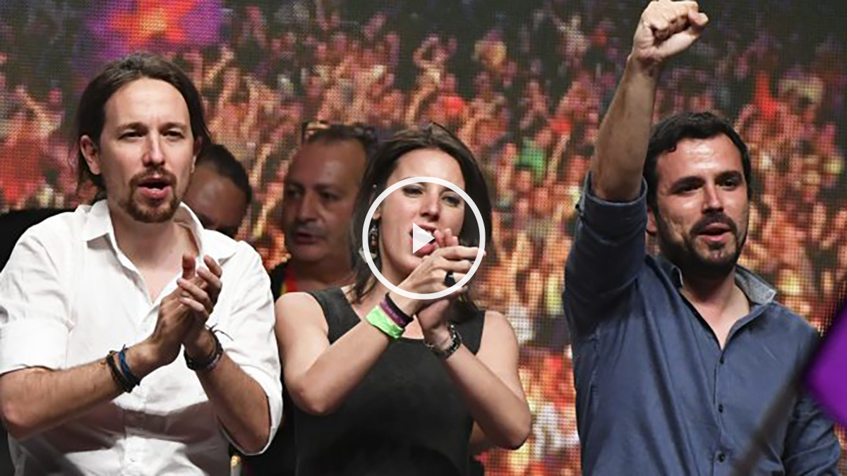 Pablo Iglesias, Irene Montero y Alberto Garzón. (Foto: AFP)