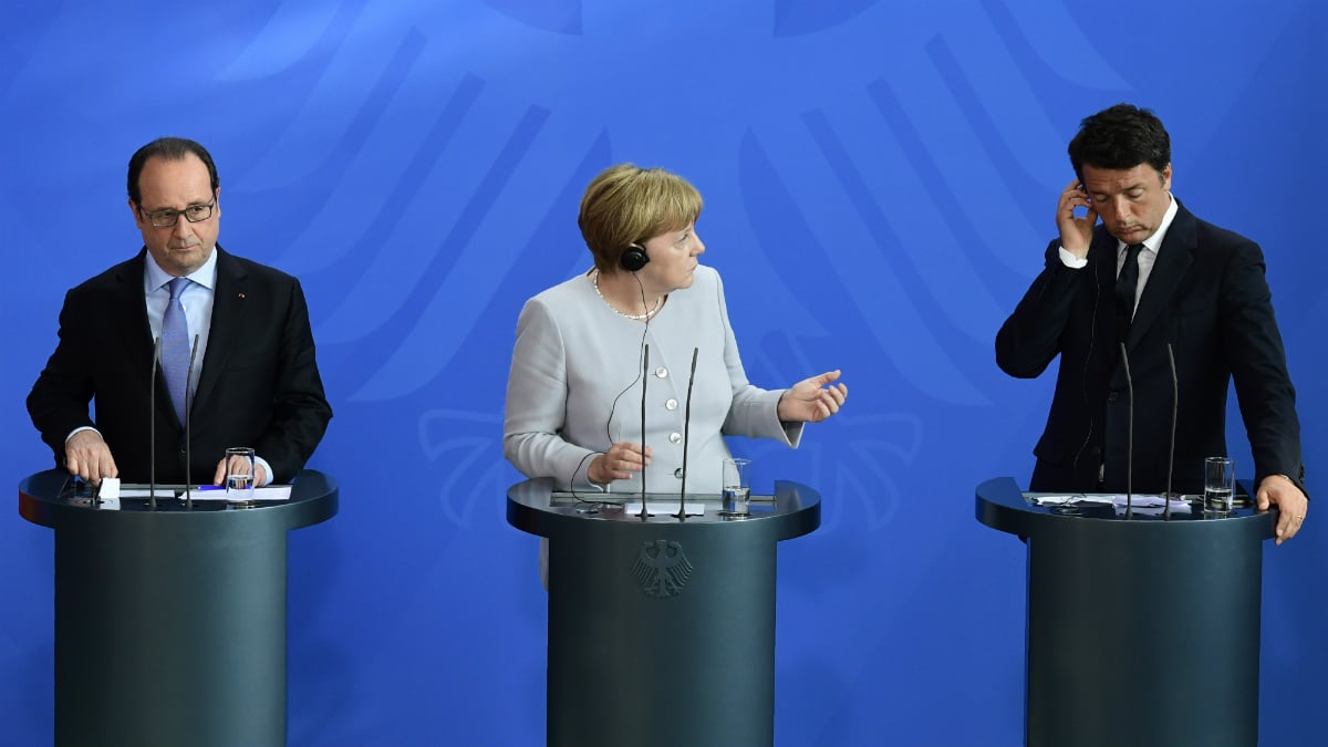 Hollande, Merkel y Renzi en Berlín, reunidos contra el Brexit. (AFP)