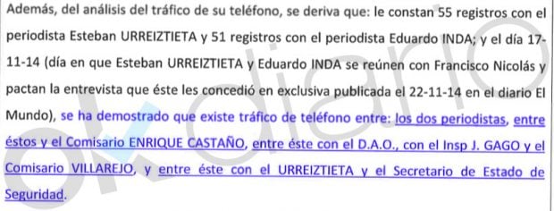 Llamadas registradas por el comisario Marcelino Martín Blas al secretario de Estado de Seguridad, Francisco Martínez.