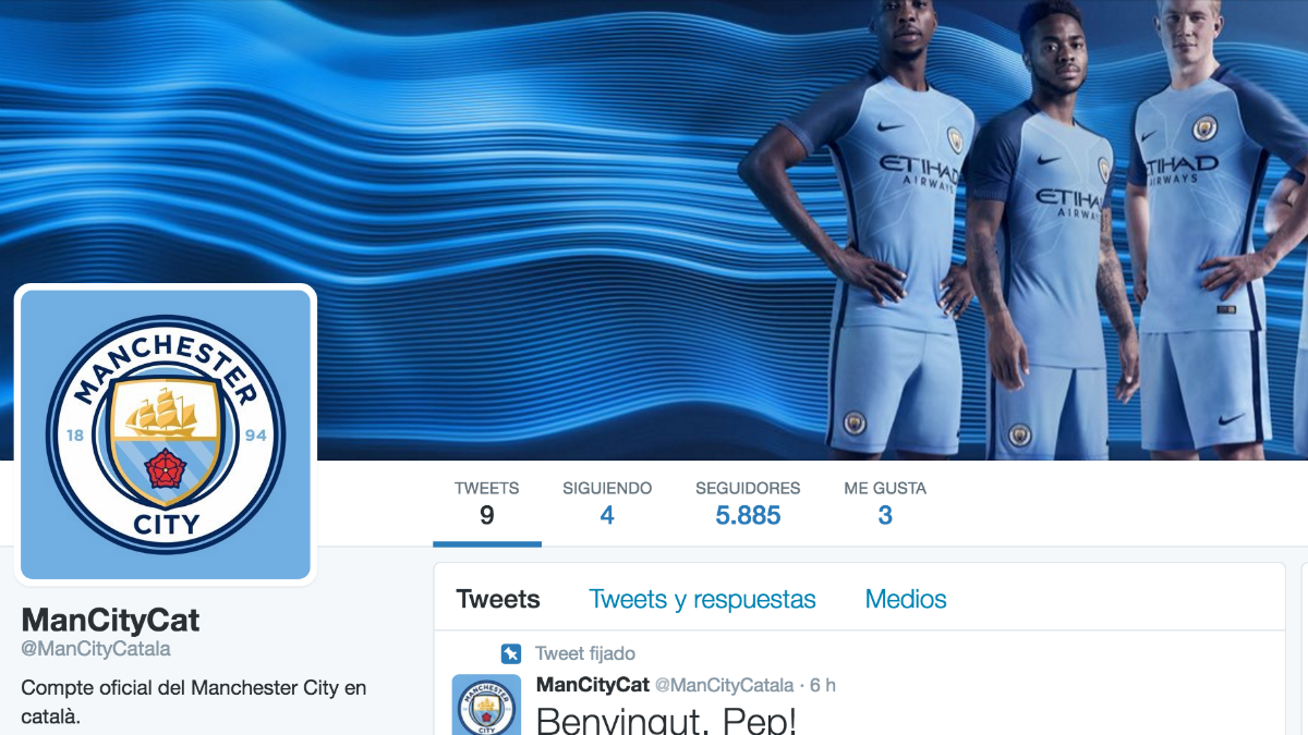 El Manchester City inaugura  su cuenta de Twitter en catalán.