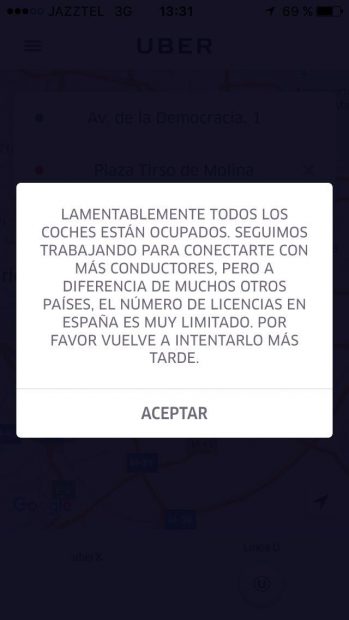 Mensaje de la aplicación de UberU.