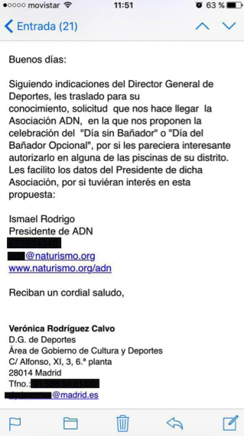 Email del equipo de Carmena para impulsar el nudismo en Madrid. (Clic para ampliar)