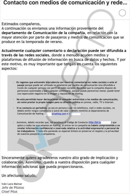 Carta de Vueling a sus pilotos.