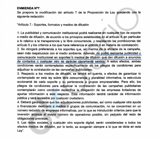 Enmienda de Podemos a Ley de Publicidad institucional. (Clic para ampliar)
