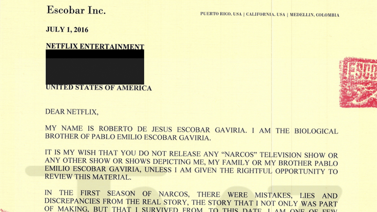 Carta de Roberto Escobar a Netflix publicada por ‘TMZ’.