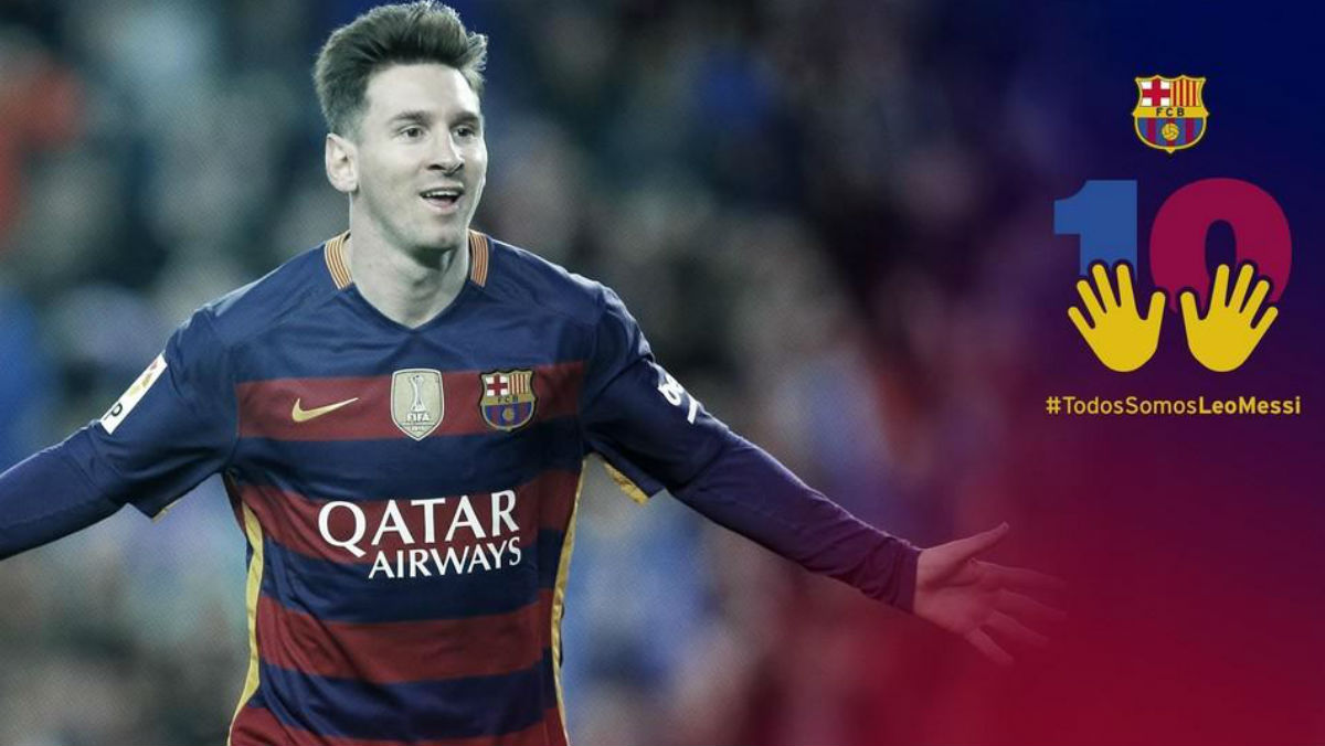 El Barça apoya a Messi con el con el hashtag  #TodosSomosLeoMessi . (fcbarcelona.es)