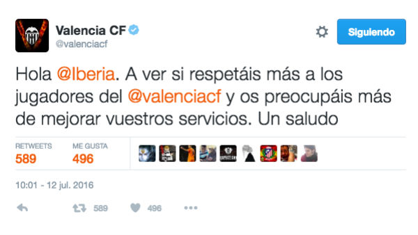 El Valencia se pica con Iberia «por faltar el respeto a sus jugadores»