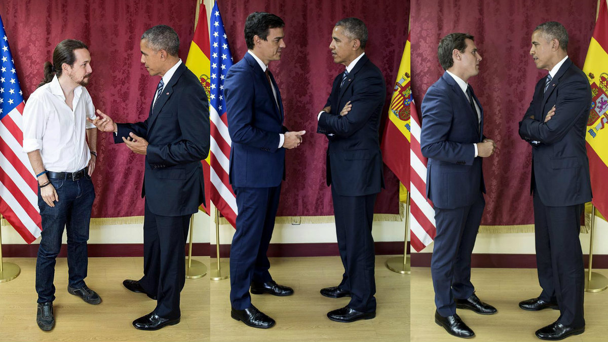 El Presidente de los Estados Unidos con Pablo Iglesias (Podemos), Pedro Sánchez (PSOE) y Albert Rivera (C’s). (Foto: La Casa Blanca)