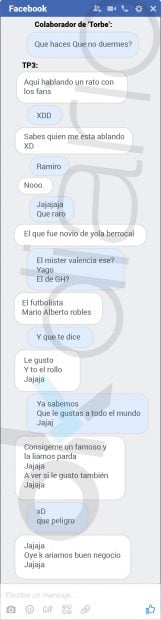 Reproducción de la conversación por Facebook entre el colaborador de 'Torbe' y "TP3".