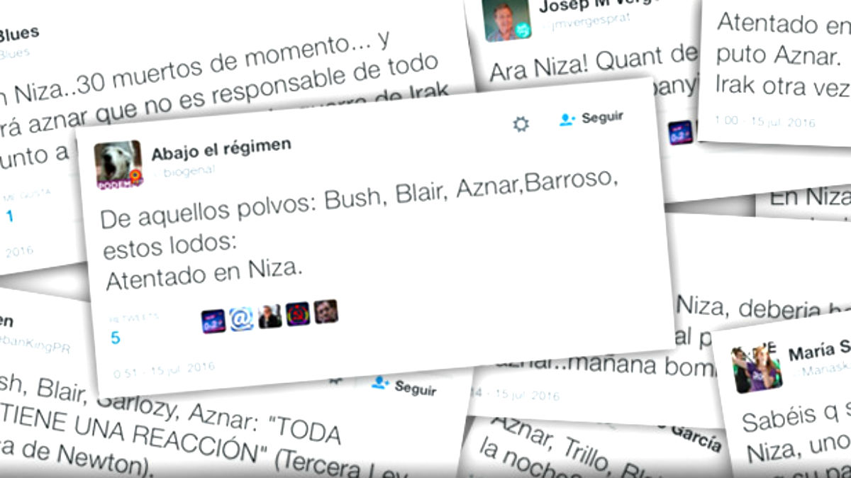Mensajes publicados hoy por simpatizantes de Unidos Podemos en las redes sociales sobre el atentado de Niza (Foto: Twitter)
