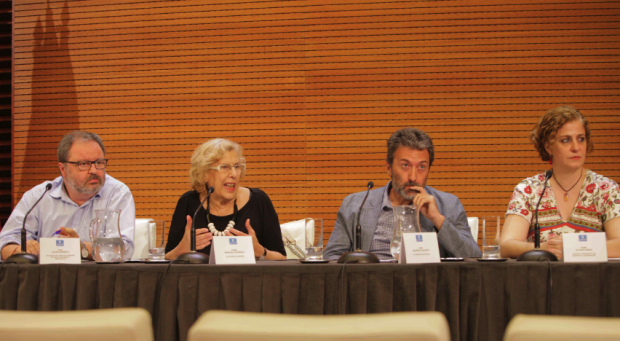 La alcaldesa presentando el plan de DDHH con Barbero, Valiente y Gómez. (Foto: Madrid)