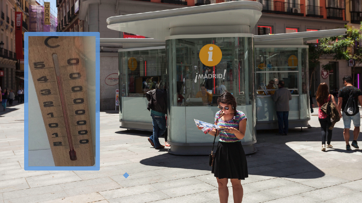 Una de las casetas-invernadero de Carmena para el turismo marcando 43 grados centígrados. (Foto: Madrid / OKDIARIO)