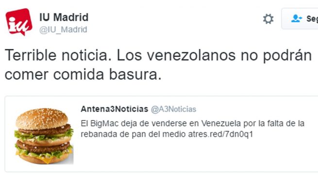 Izquierda Unida Madrid se ríe de que Venezuela se quede sin pan