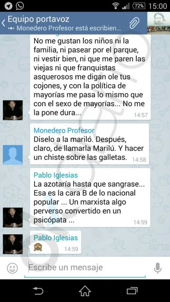 Un fragmento de la charla entre Pablo Iglesias y Monedero en la red de mensajería Telegram. (Clic para ampliar)