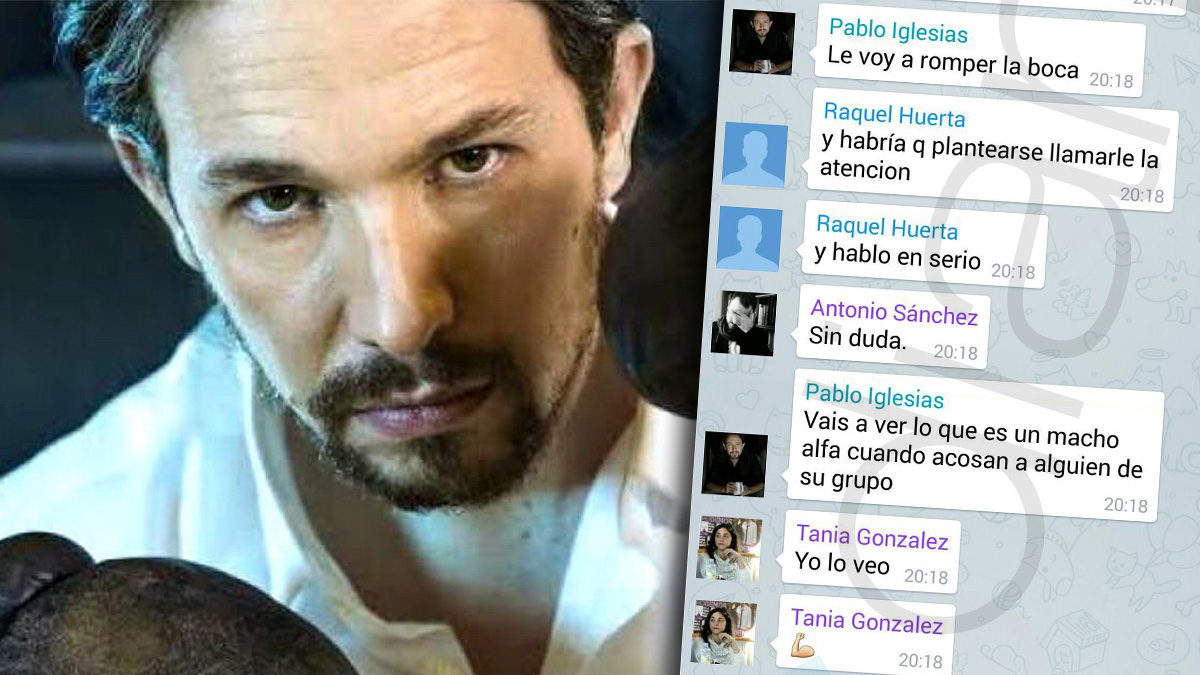 Pablo Iglesias posando como un boxeador, junto a los mensajes que escribió en Telegram.