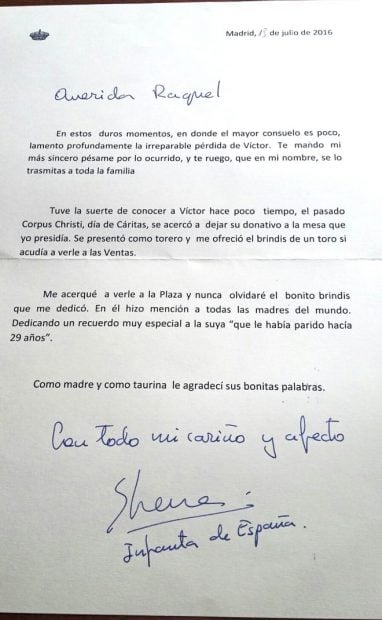 Carta Infanta Elena a la viuda de Víctor Barrio