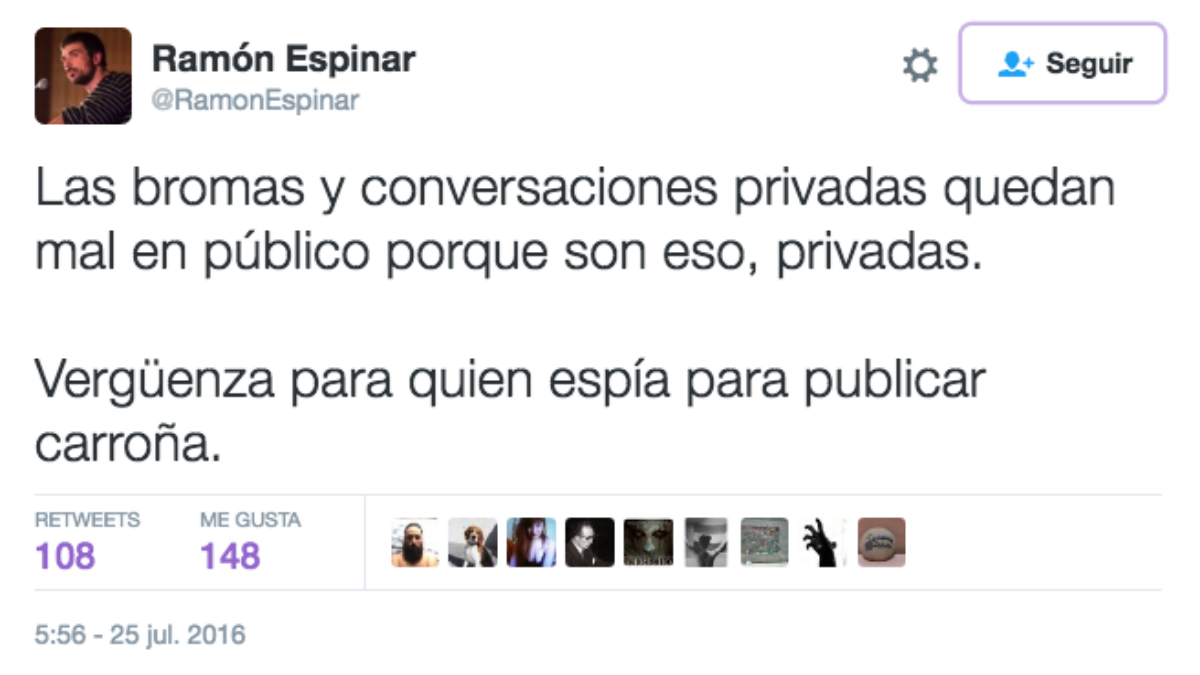 Mensaje escrito hoy en Twitter por el portavoz de Podemos en el Senado, Ramón Espinar.
