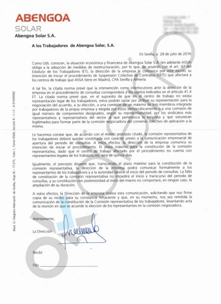 Carta que Abengoa Solar va a enviar a sus empleados informando del ERTE