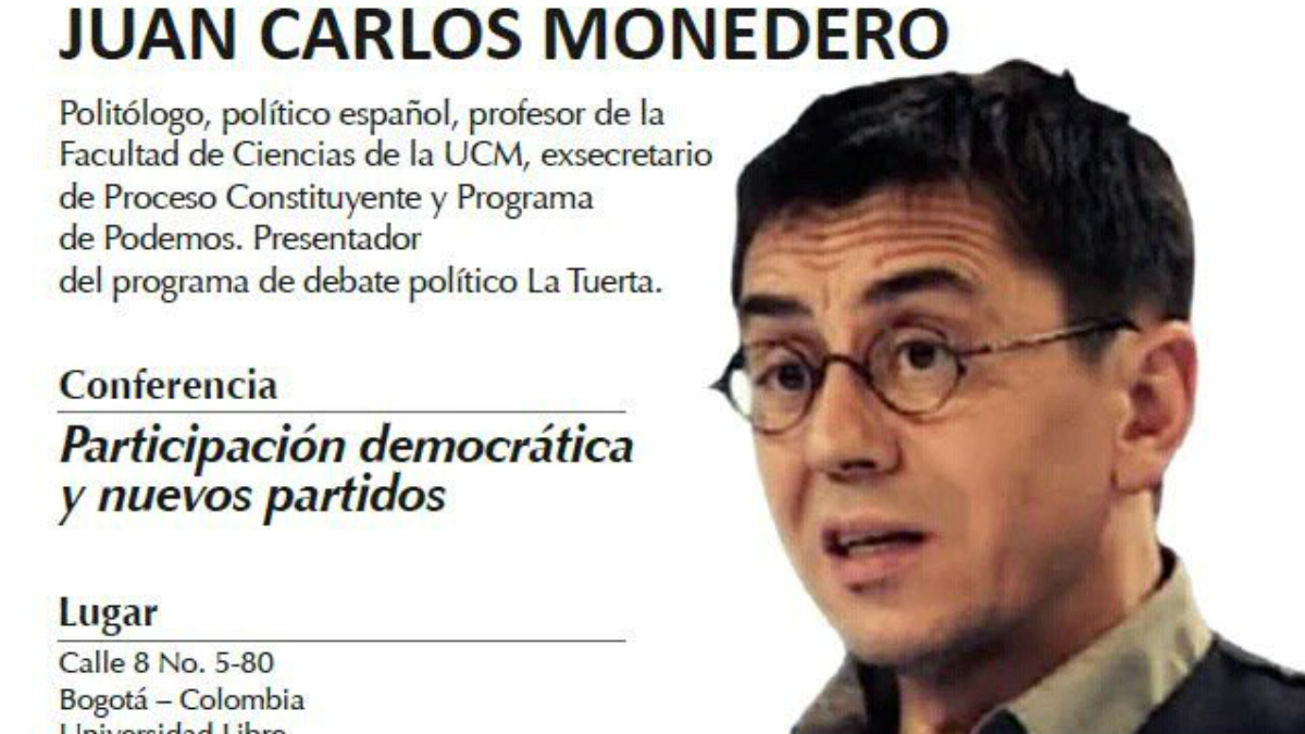 Cartel de la charla de Juan Carlos Monedero ‘Participación democrática y nuevos partidos’.