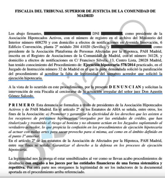 Extracto de la denuncia de PAH Madrid al Juzgado nº 32 de Madrid. (Clic para ampliar)