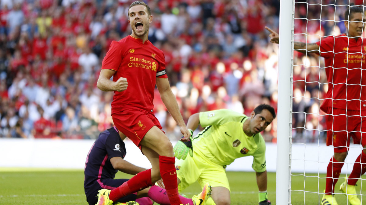 Henderson celebra el segundo gol del Liverpool ante el Barça. (Reuters)