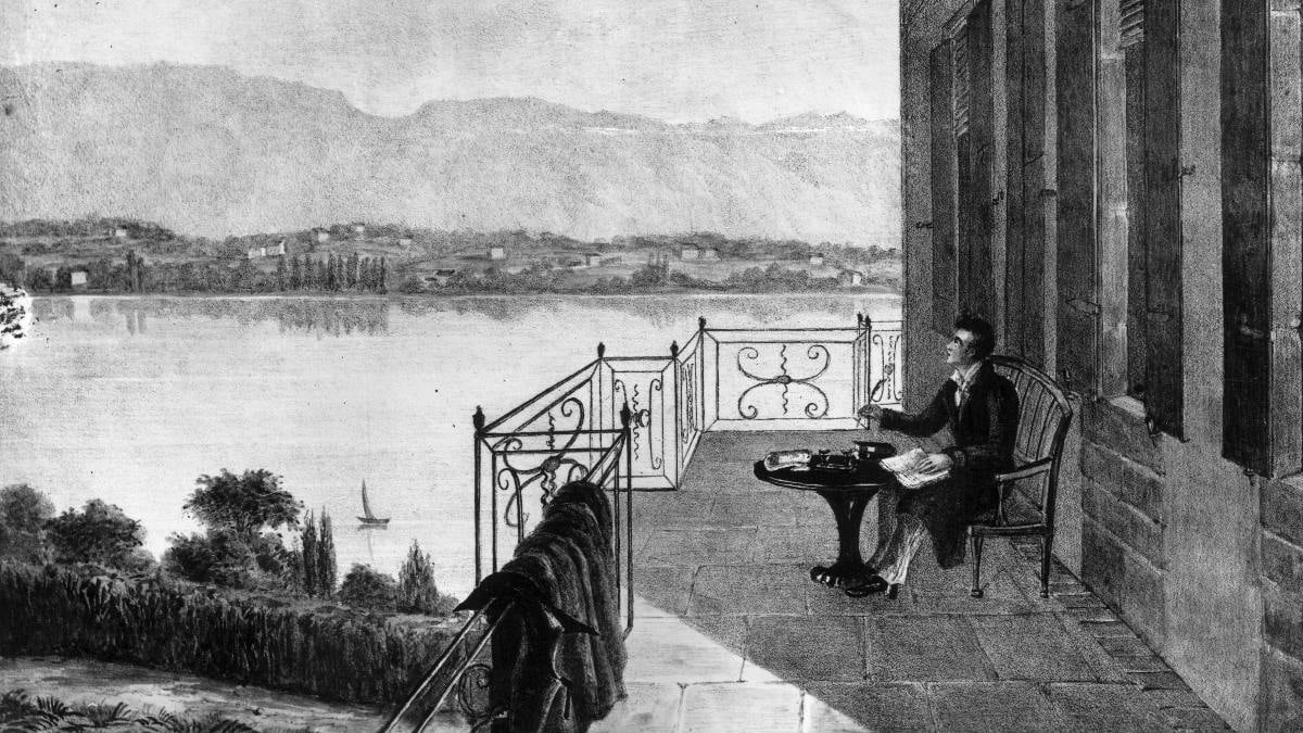George Gordon Noel Byron, más conocido como Lord Byron, retratado en un dibujo en su casa de verano Villa Diodati.  (Foto: Getty)
