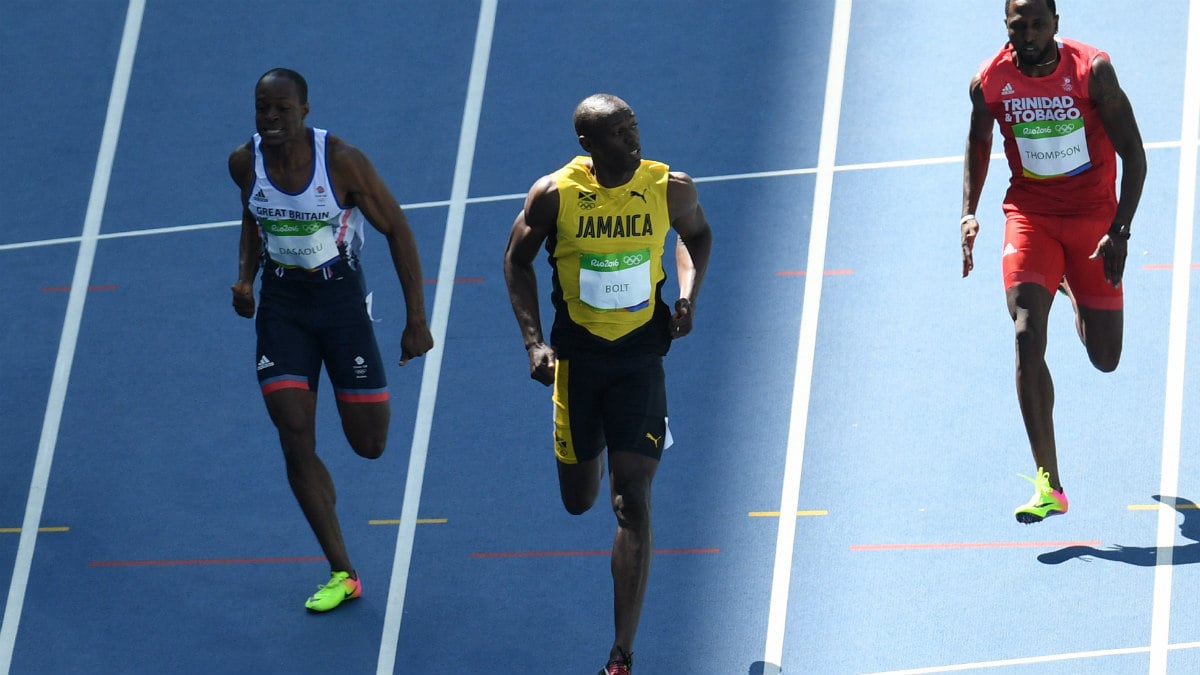 Usain Bolt entra en la meta más que relajado. (AFP)