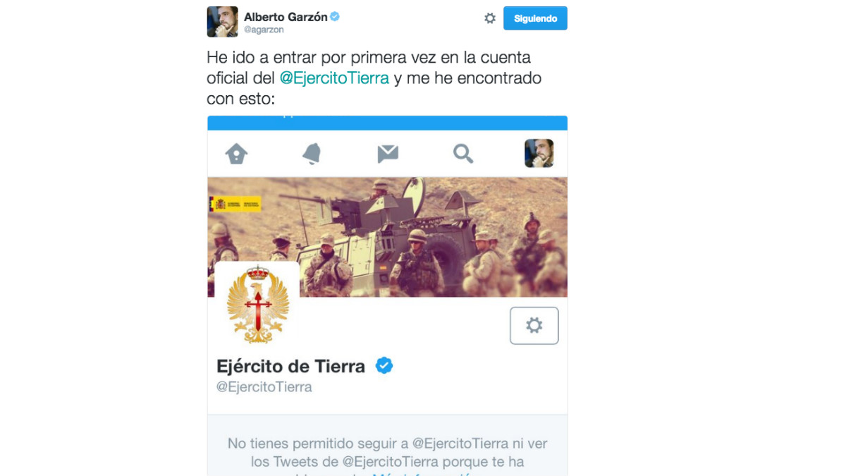 Este es el tuit en el que Alberto Garzón manifestaba su sorpresa al ver su bloqueo en la cuenta de Twitter del Ejército del Aire.