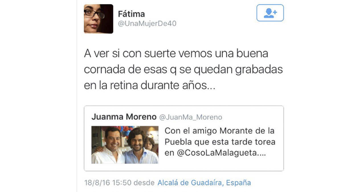 Imagen del tuit con el que la tuitera Fátima desea una cornada a Morante.