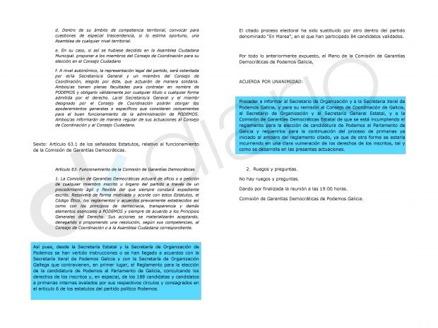 Acta de la Comisión de Derechos y Garantías de Podemos Galicia.