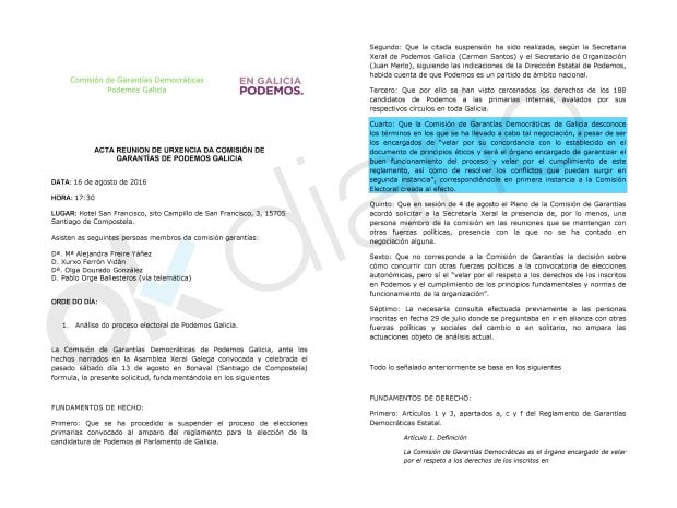 Acta de la Comisión de Derechos y Garantías de Podemos Galicia.