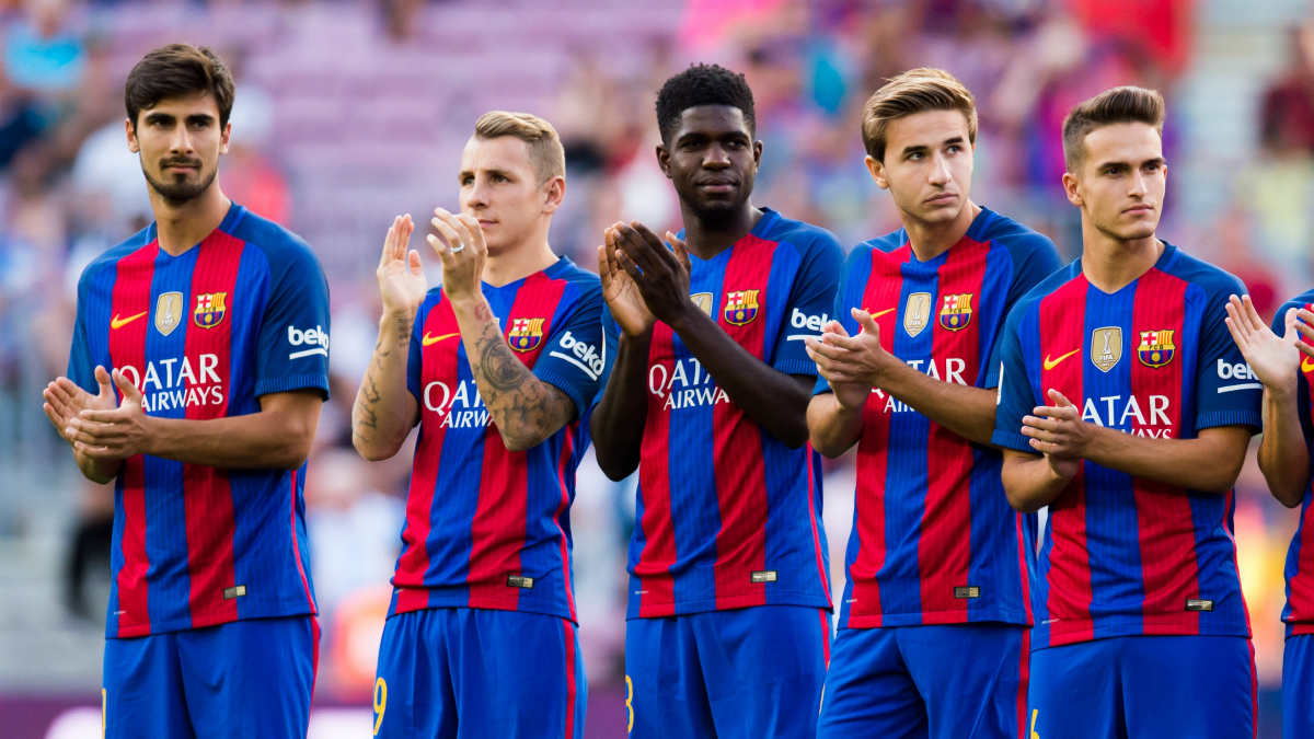 De izquierda a derecha: André Gomes, Digne, Umtiti, Samper y Denis (cuatro de los seis fichajes del Barça). (Getty Images)