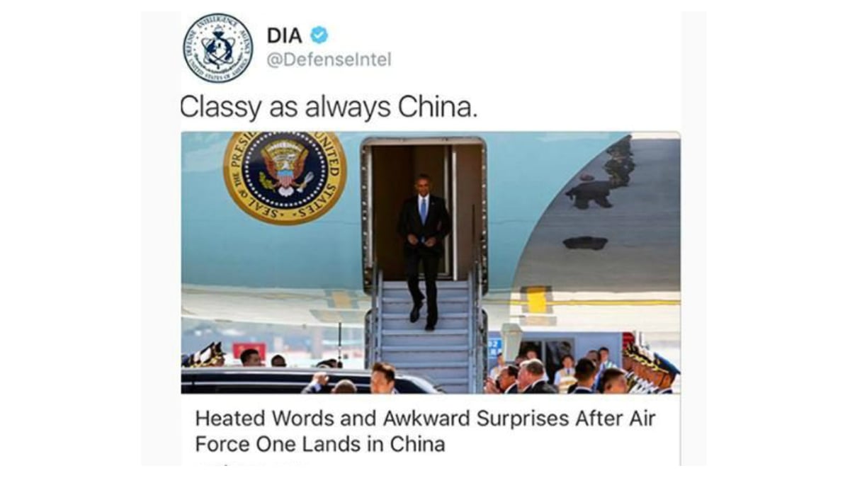 Imagen del tuit sarcástico de la DIA sobre la recepción a Obama en China.