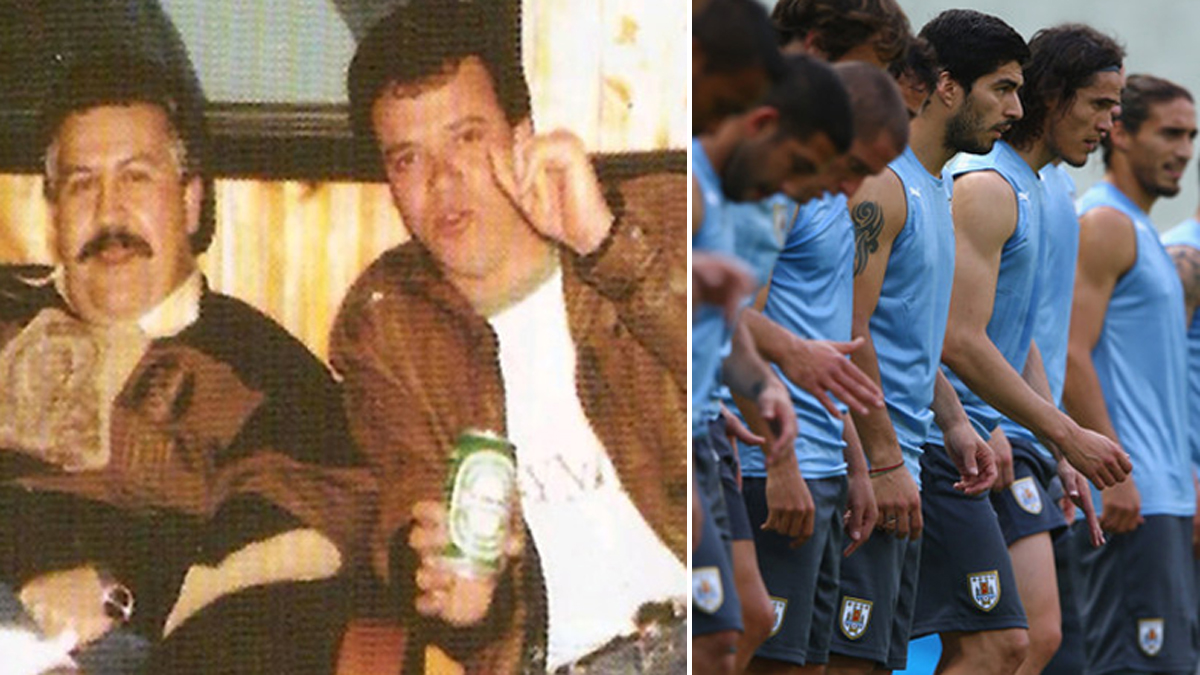 Pablo Escobar y Popeye de un lado, y varios jugadores de la selección uruguaya en el otro.