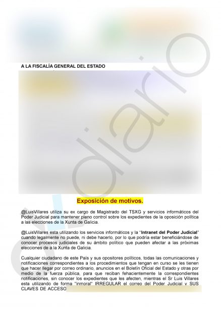 Denuncia presentada contra el candidato de En Marea a la Xunta de Galicia, Luis Villares, ante la Fiscalía General del Estado.