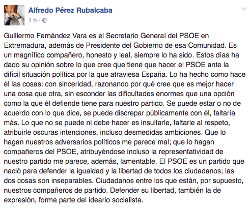 El mensaje que ha dedicado Rubalcaba a Vara en su cuenta de Facebook