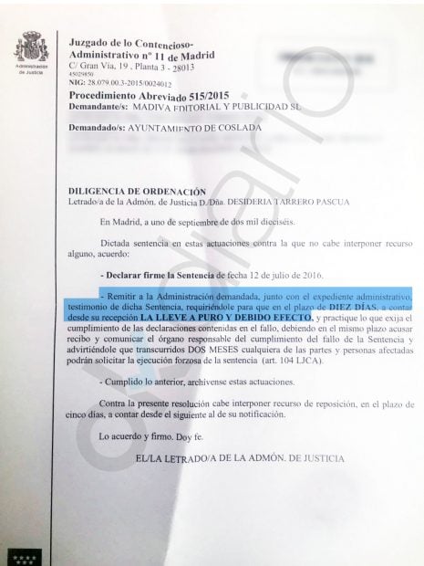 Sentencia que obliga al ayuntamiento de Coslada a pagar al informático Alejandro de Pedro.