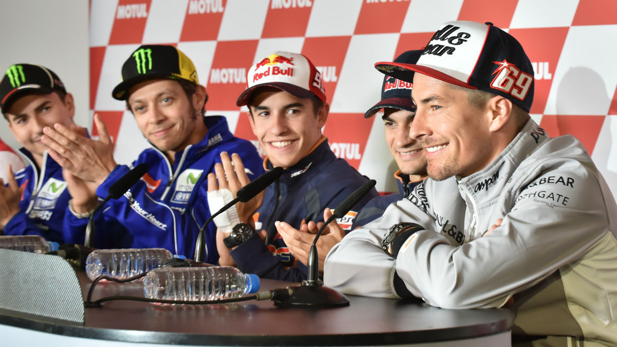 Haydnen, en una rueda de prensa con los cuatro reyes de MotoGP. (AFP)