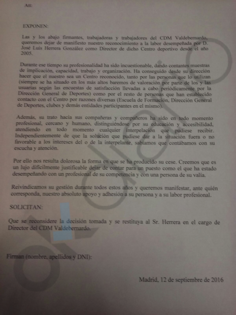 Carta firmada por 35 compañeros de Herrara en su apoyo. (Clic para ampliar)