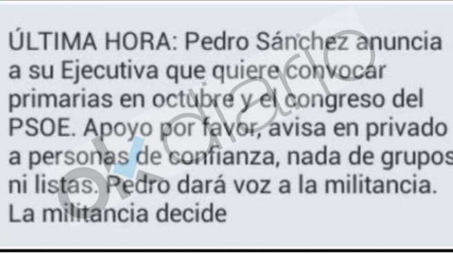 Sánchez pide por SMS a los suyos que levanten a la militancia para parar a los barones