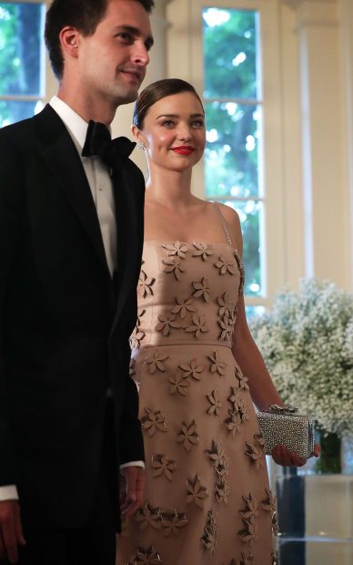 WASHINGTON, DC - MAY 13: Snapchat CEO Evan Spiegel and his model girlfriend Miranda Kerr arrive at a Nordic State Dinner May 13, 2016 at the White House in Washington, DC. President Barack Obama and the first lady are hosting the heads of the five Nordic nations for a U.S.-Nordic Leaders Summit. (Photo by Alex Wong/Getty Images)