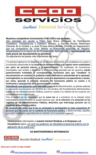 Carta de CCOO a sus filas. (Clic para ampliar)