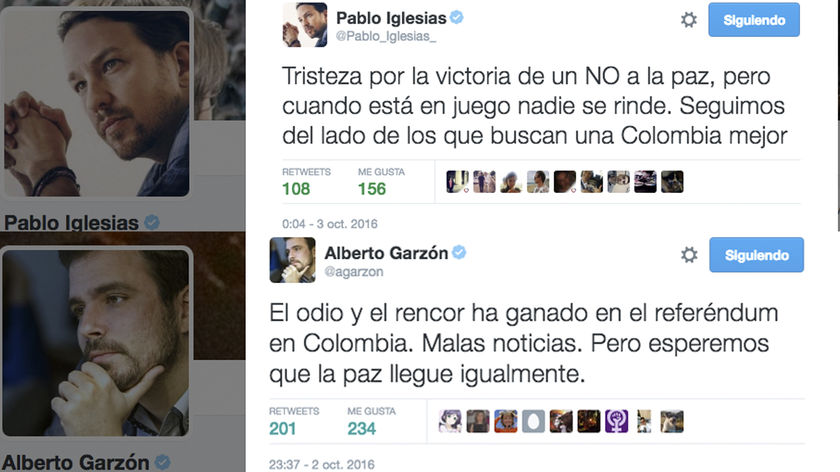 Tuits de Pablo Iglesias y Alberto Garzón sobre el plebiscito en Colombia.