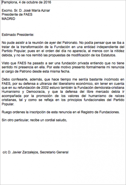 La carta de renuncia enviada por Jaime Ignacio del Burgo a FAES
