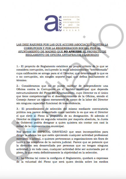 Carta de ACORS a Manuela Carmena. (Clic para ampliar)